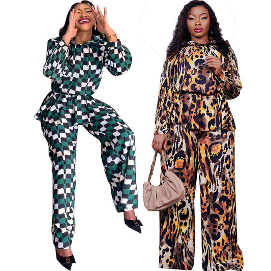 Leopard/Mosaic Geometric African Print Women's Long Puff Sleeve Blouse + Trouser Pants 2-Piece Set