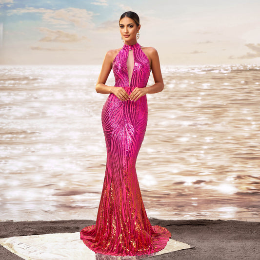 Magenta Seqiuned Sleeveless O-Neck Hollow-Out Skinny Fishtail Floor-Length Formal Evening Party/Prom Dress