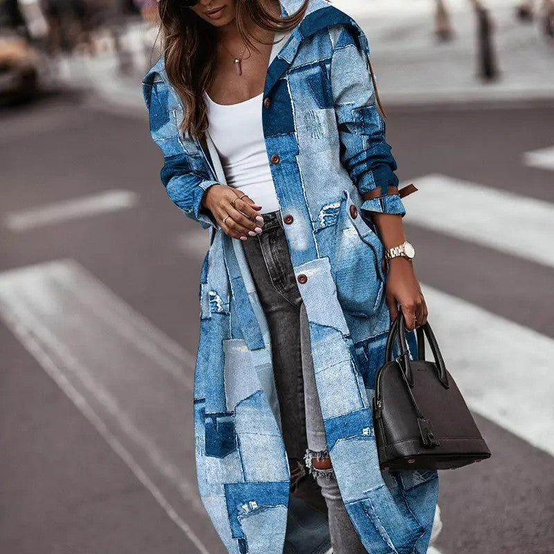 Faux Denim Dark Blue/Light Blue Colorblock Print Turn-Down Collar Women's Trenchcoat