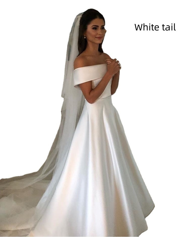 Satin Vintage A-Line Off-the-Shoulder Sweep Train Zipper Back Wedding Bridal Gown