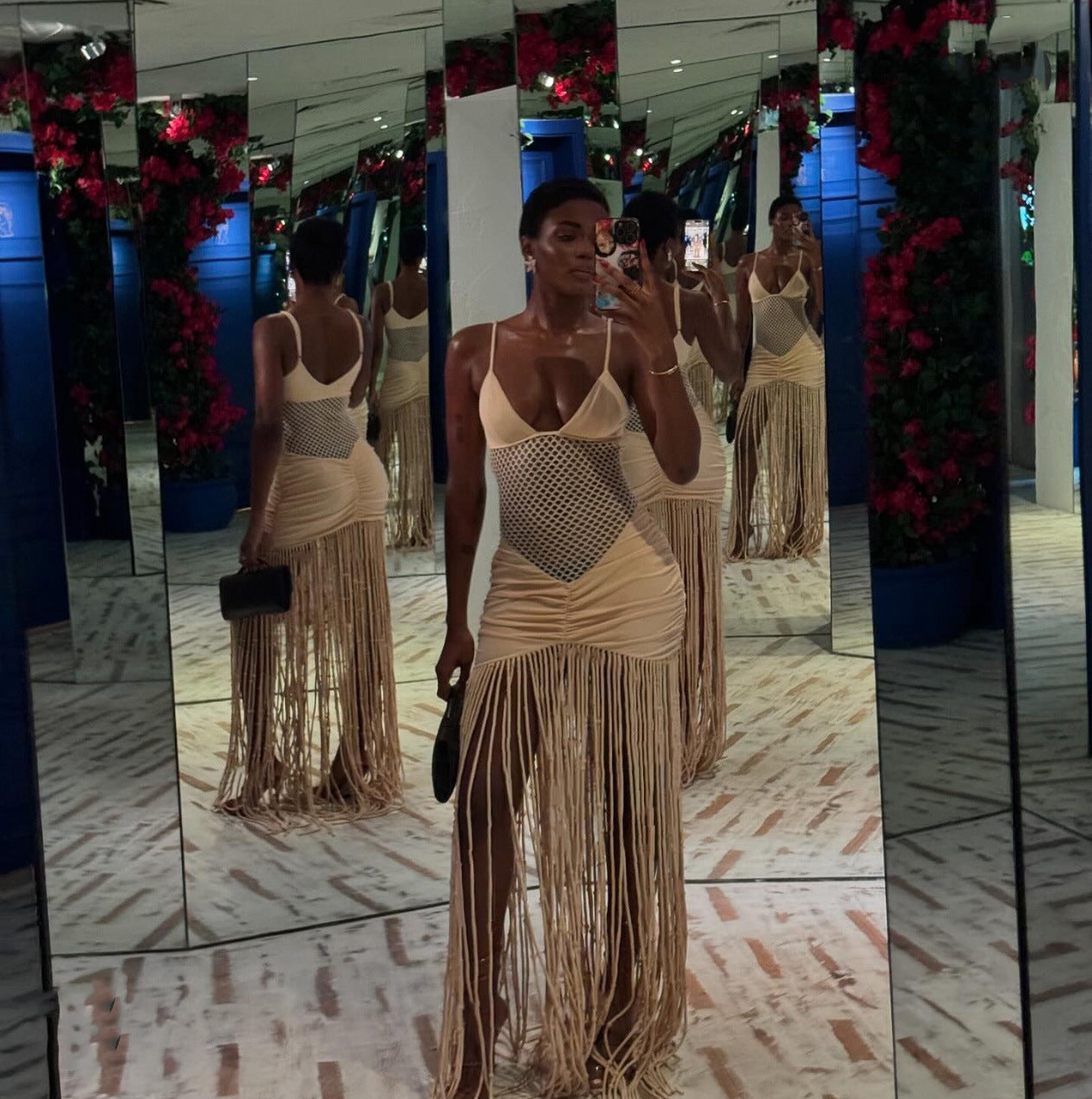 Champagne Mesh Net Hanging Tassel Fringe Design Sleeveless V-Neck Spaghetti Strap Formal Party Dress