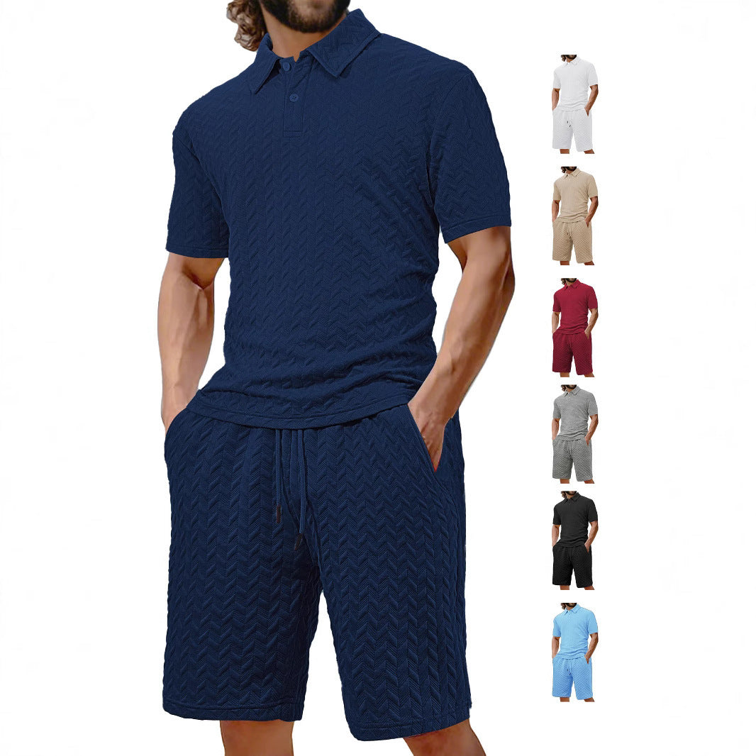 Men's Zigzag Knit Short Sleeve Turn-Down Collar Solid Color Polo Shirt + Shorts 2-Piece Set