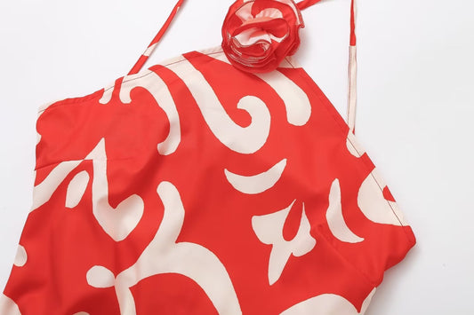 Red/White Rose Flower Embroidered Design Halter Backless Maxi Dress