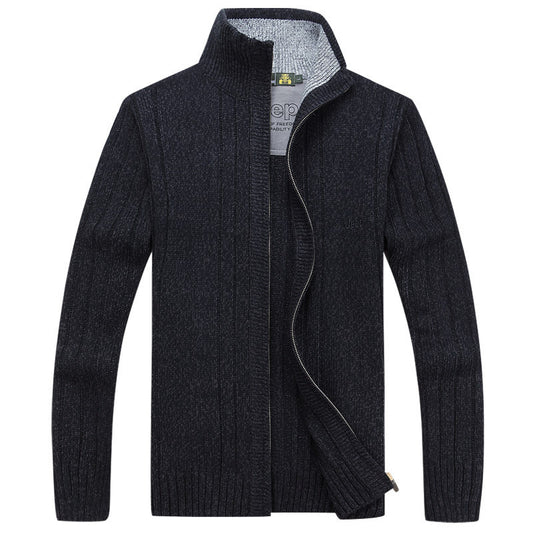 Men's Ribbed Fleece Lined Knitted Stand Collar Skinny Zipper Cardigan Sweater Jacket