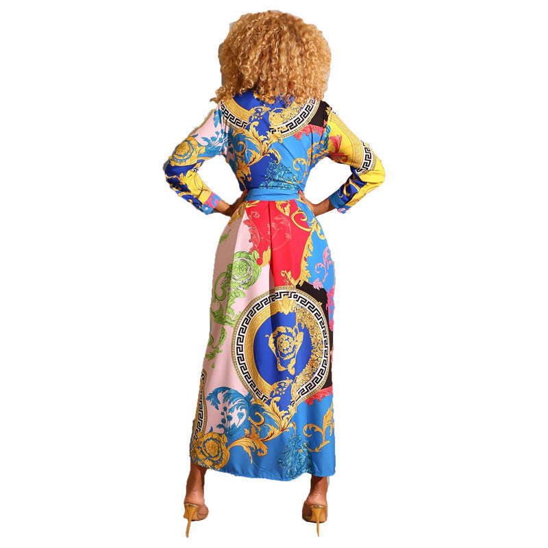 Designer Baroque Medallion Floral Print Turn-Down Collar Long Sleeve Shirt Dress