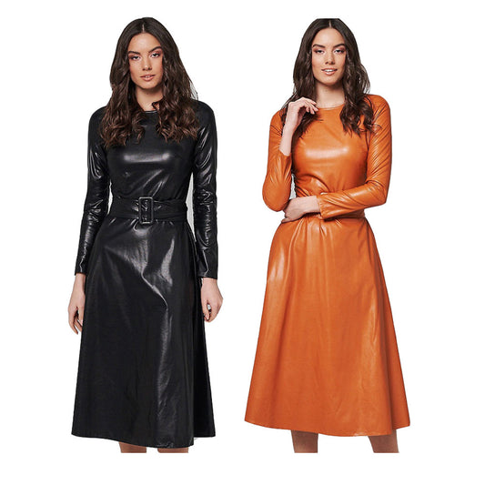 PU Leather O-Neck Solid Color Long Sleeve Flared Sash Belted Dress