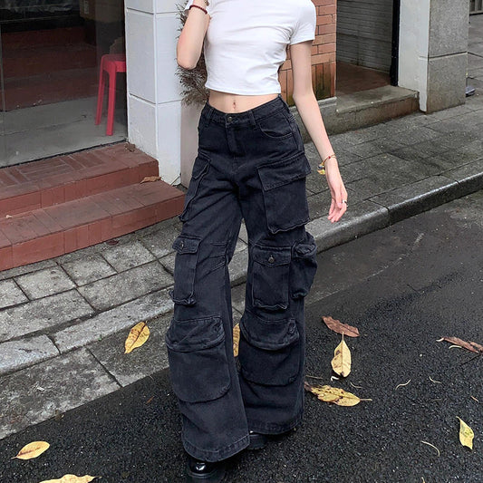 Black Washed Faded Multi-Pocketed Women's Loose Wide Leg Cargo Jeans to 4X Plus Size