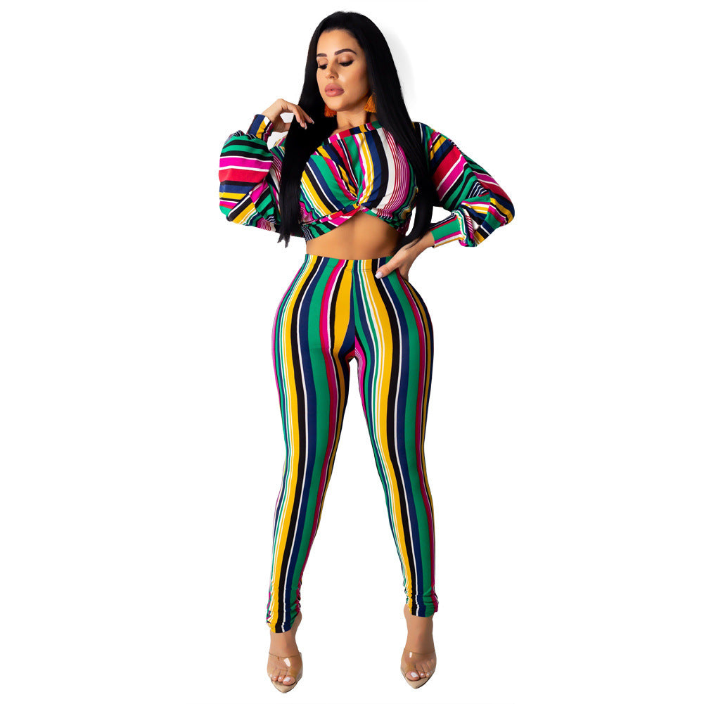 Rainbow Colorblock Striped Print O-Neck Women's Long Sleeve Crop Top + Leggings 2-Piece Set