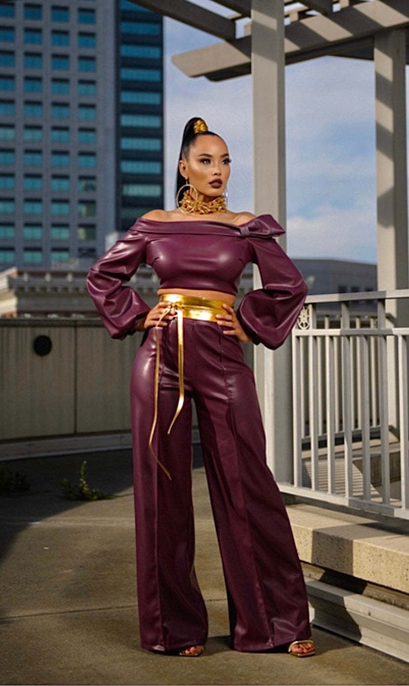 Faux Leather Off-the-Shoulder Long Sleeve Women's Shirt + Wide Leg Pants 2-Piece Set
