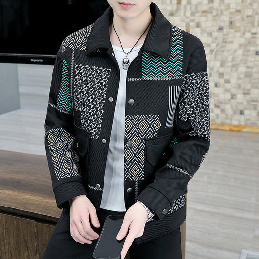 Men's Geometric Colorblock Turn-Down Collar Button-Up Jacket