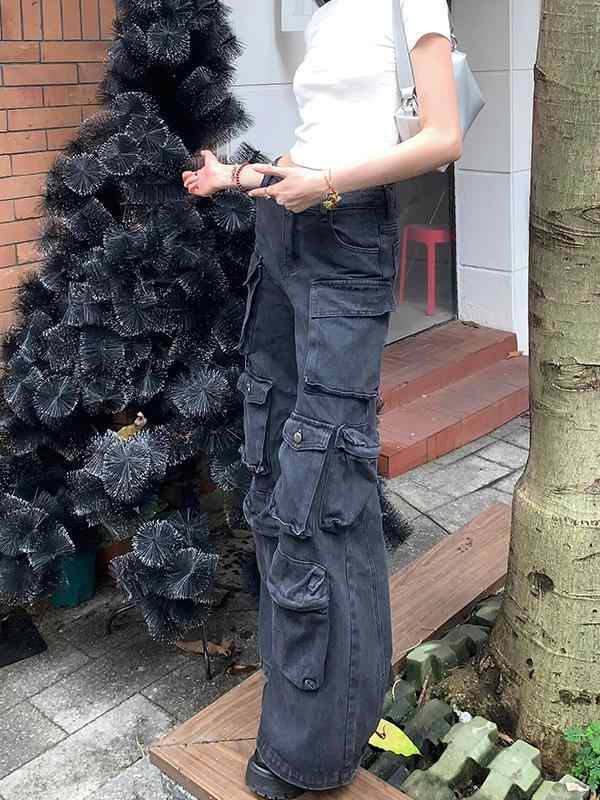 Black Washed Faded Multi-Pocketed Women's Loose Wide Leg Cargo Jeans to 4X Plus Size