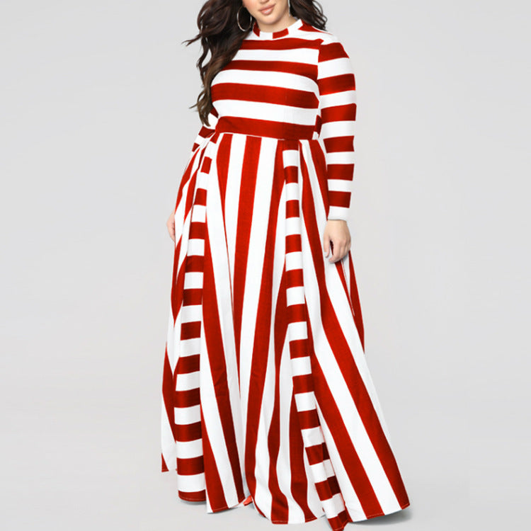 Striped O-Neck Long Sleeve Maxi Dress to 4X Plus Size