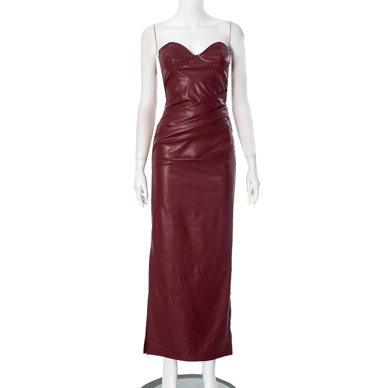 Burgundy/Black PU Leather Sleeveless Tube Maxi Dress