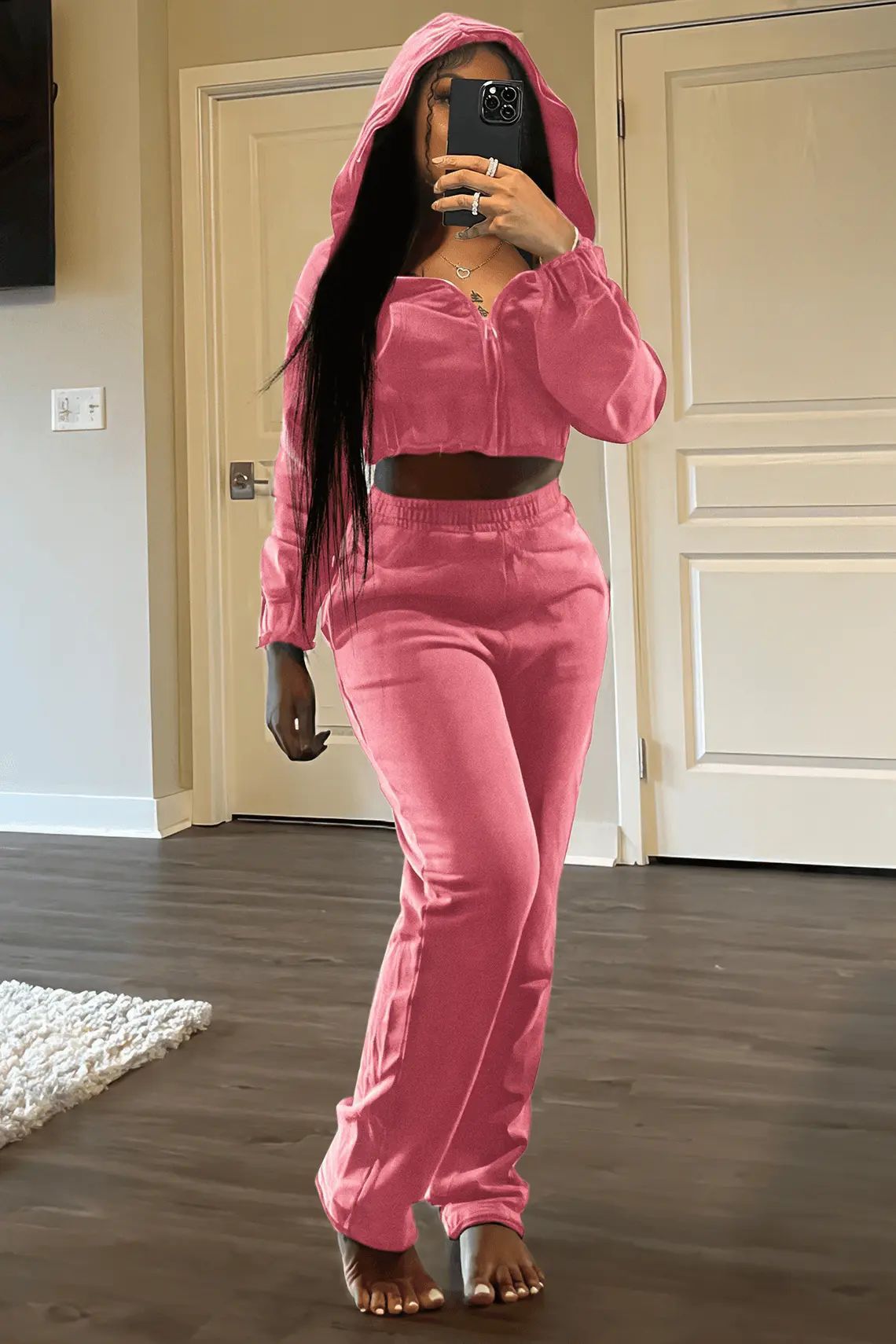 Cropped Solid Color Women's Zipper Hoodie Sweatshirt + Sweatpants Tracksuit