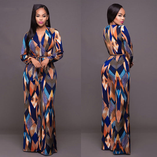 Colorblock Geometric Digital Print V-Neck Long Sleeve Women's Sash Belted Jumpsuit