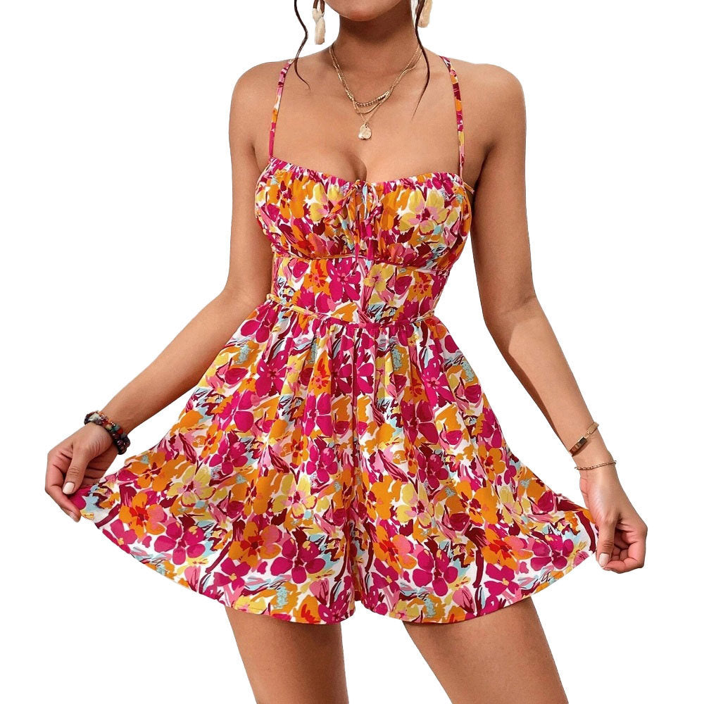 Floral Print Ruched Camisole Lace-Up Back Spaghetti Strap Mini Dress