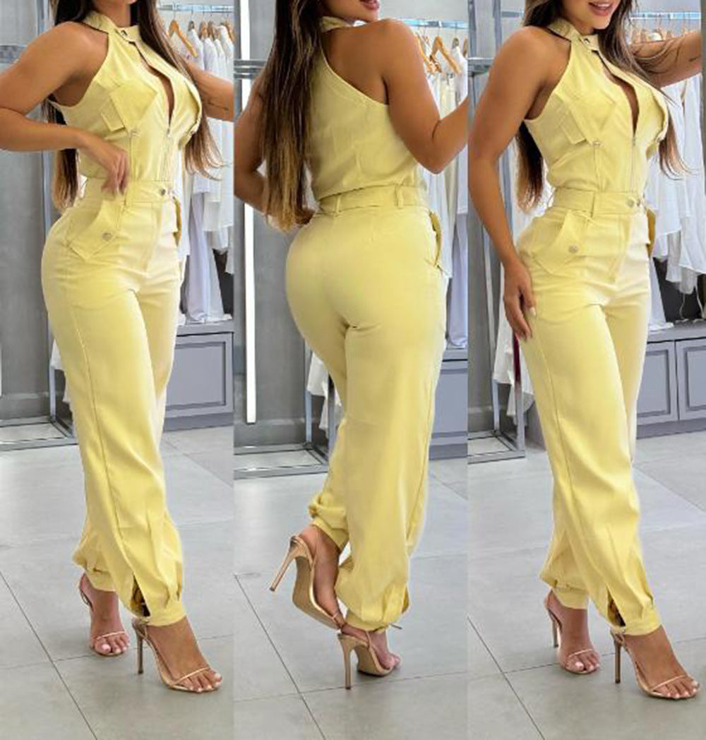 Sleeveless Irregular Zipper Detail Cargo Pocketed Halter Top + Pants Women's 2-Piece Set