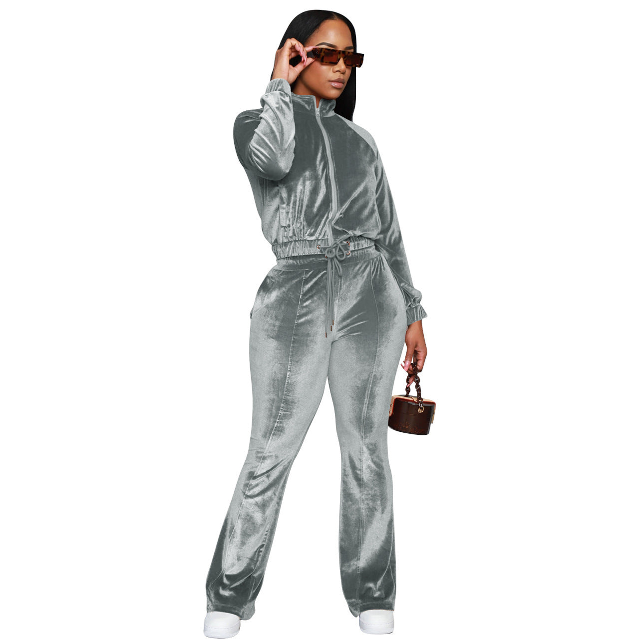 Velvet Drawstring Solid Color Women's Mandarin Collar Zipper Sweat Jacket + Sweatpants Tracksuit