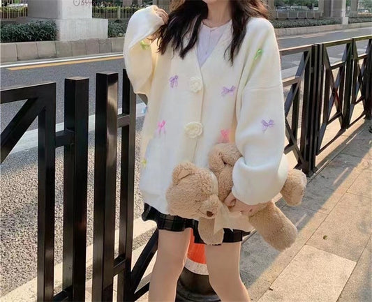 Bowknot Flower Embroidered Oversized Knitted Cardigan Women's Sweater