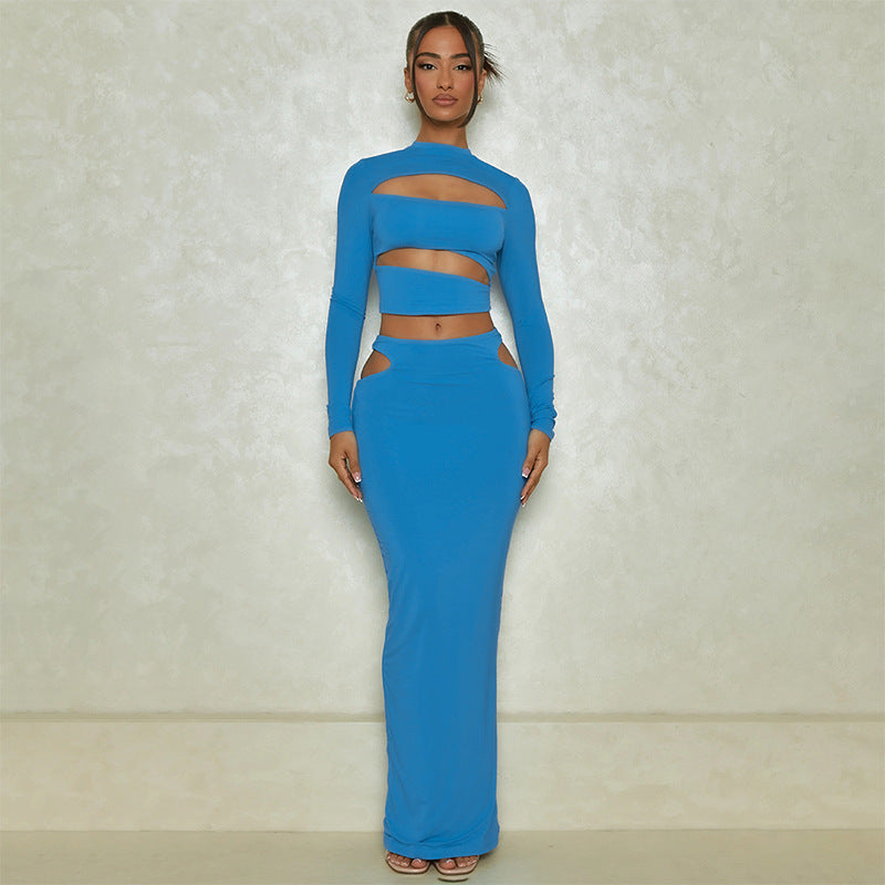 Neon Blue Hollow-Out Long Sleeve Women's Crop Top + Skinny Maxi Skirt 2-Piece Set