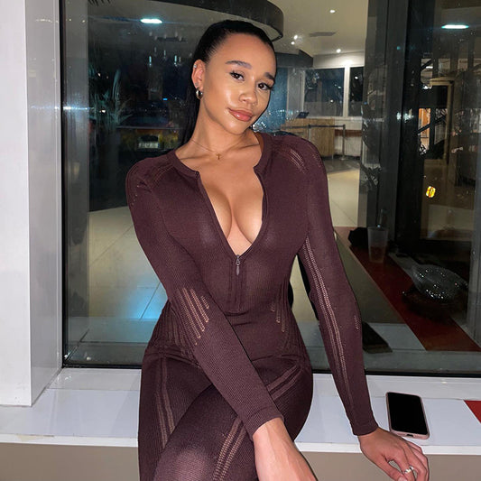 Ribbed Knitted Fitness Long Sleeve V-Neck Women's Skin Tight Workout Jumpsuit