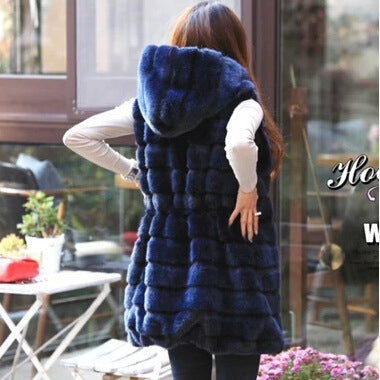 Faux Fur Ribbed Solid Color Women's Winter Hoodie Vest to 3X Plus Size