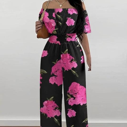 Off-the-Shoulder Shoulder Hot Pink/Black Big Flower Print Women's Cinched Waist Jumpsuit