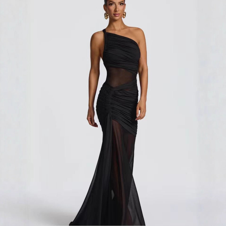 Ruched Sleeveless Asymmetrical One Shoulder Pleated Cross Bordered Formal Fishtail Maxi Party/Prom Dress