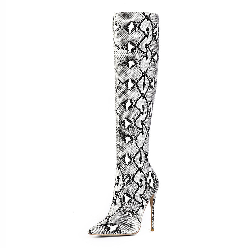 Snake Gradient Pattern Women's PU Leather Stiletto Heel Side Zipper Knee-High Boots