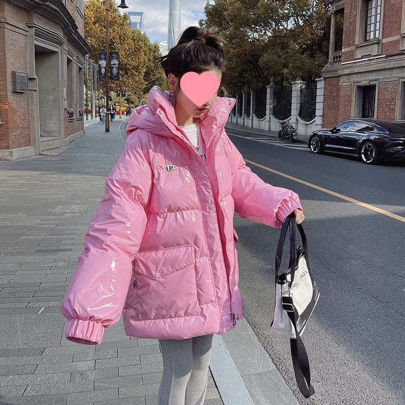 Pink Glossy Down Cotton-padded Jacket Women's Mid-length New