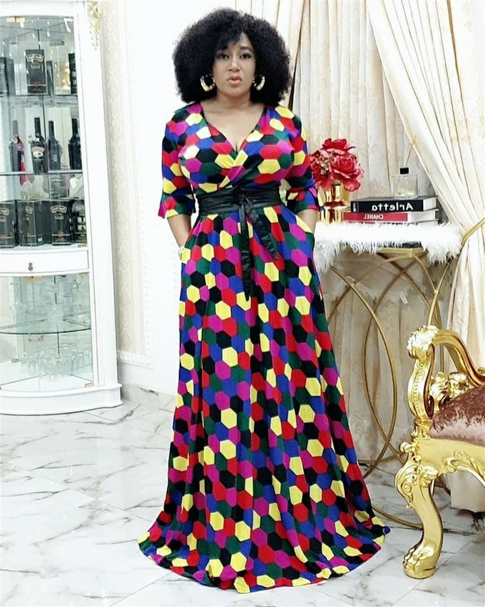 Geometric Multi-Colored Print V-Neck Short Sleeve Sash Belted Maxi Dress
