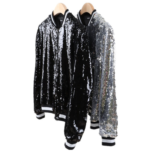 Sequin Black/Silver Striped Hem O-Neck Women's Long Sleeve Baseball Bomber Jacket
