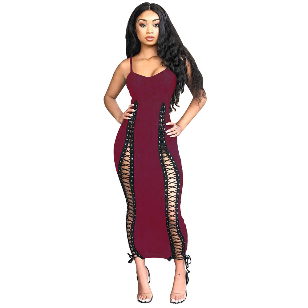 Sleeveless Hollow-Out V-Neck Lace-Up Spaghetti Strap Skinny Maxi Dress
