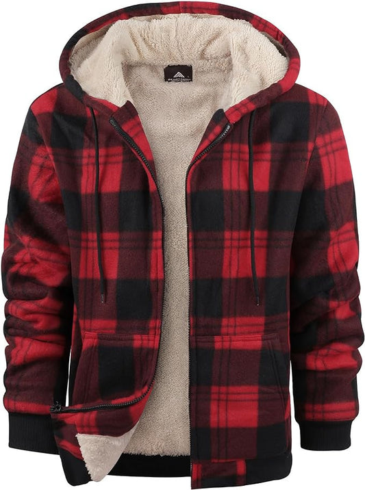 Men's Plaid Print Fleece Lined Hoodie Zipper Jacket