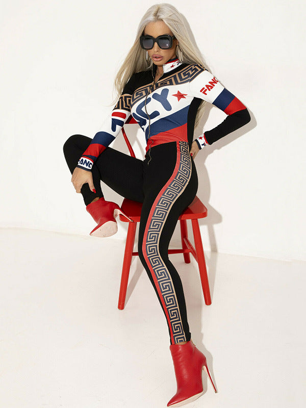 Geometric Colorblock Letter Print Women's Zipper Front Long Sleeve Skinny Jumpsuit
