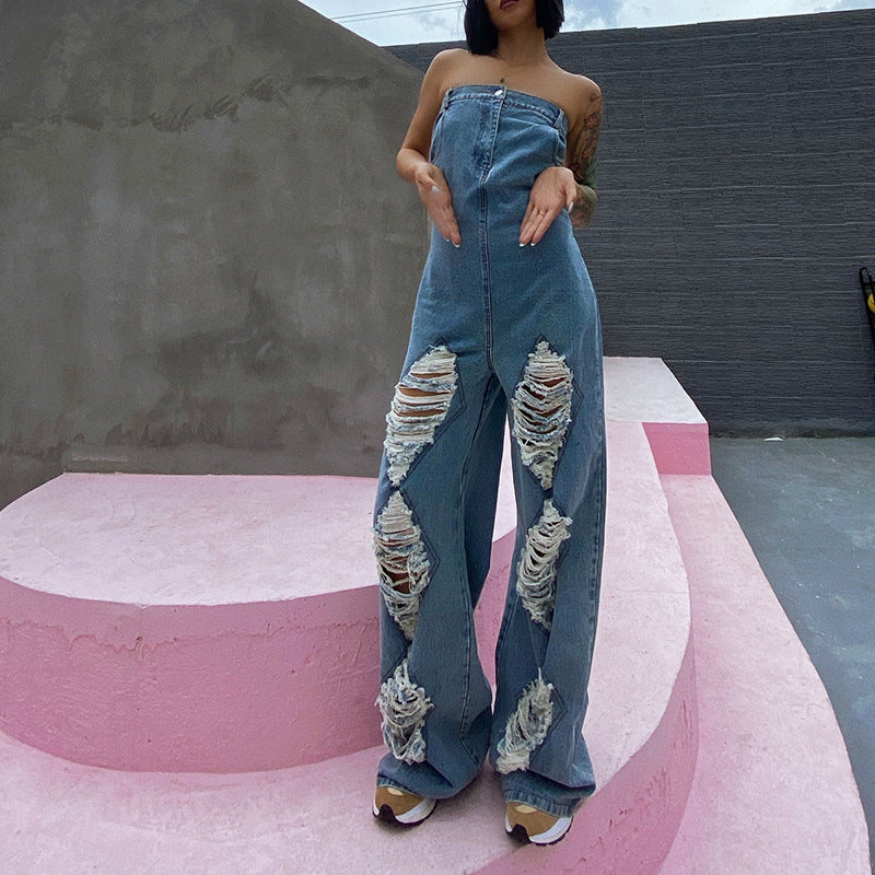 Denim Sleeveless Western Ripped High Waist Wide Leg Women's Tube Top Jean Jumpsuit