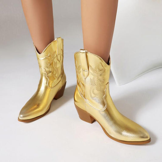 Metallic Patent Leather Embroidered Pointed Toe Chunky Heel Ankle Western Cowgirl Boots