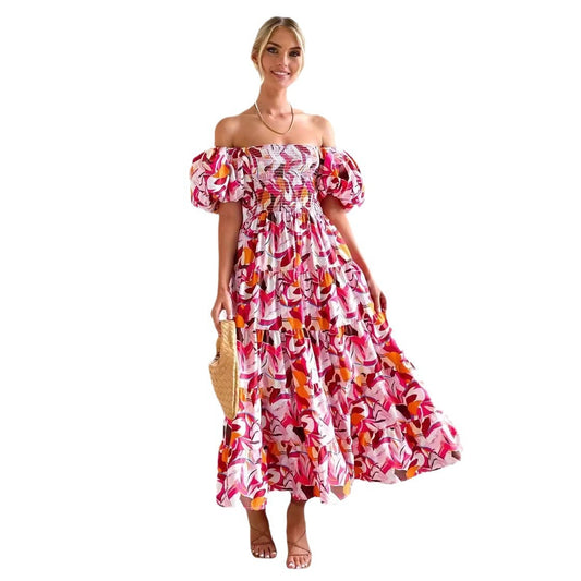 Flower Print Tiered Short Bubble Sleeve High Waist Off-the-Shoulder Bohemian Maxi Dress