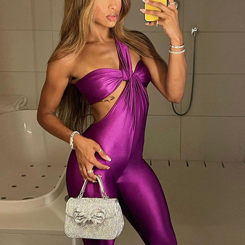 Backless Asymmetrical Hollow-Out One-Shoulder High Waisted Skinny Women's Sexy Jumpsuit