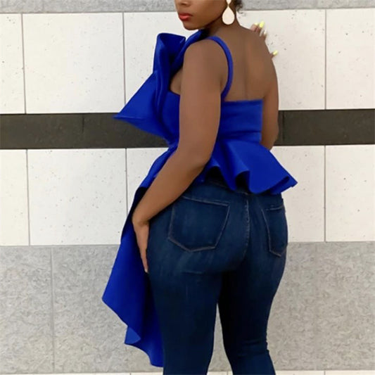 Electric Blue Ruffled Sleeveless Asymmetrical One Shoulder Oversized Women's Pleated Maxi Blouse