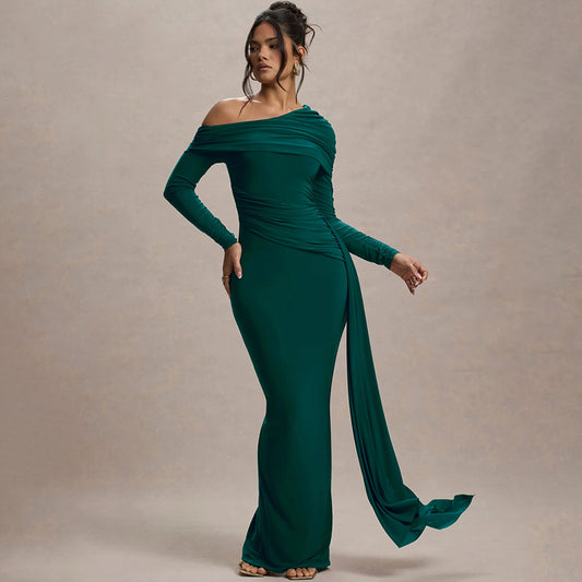 Crossbody Asymmetrical Ruched Ribbon Train Design Long Sleeve Sheath Maxi Dress