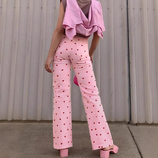 Denim Pink Women's Wide Leg Red Heart Print Jeans to 4X Plus Size