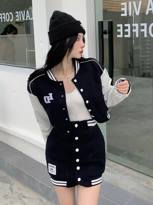 Black/White Button-Up Long Sleeve Striped Colorblock Cropped Varsity Baseball Bomber Jacket + Mini Skirt Women's 2-Piece Set to 4X Plus Size *SOLD AS SEPARATES*