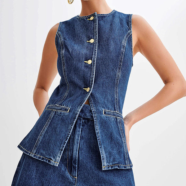 Dark Blue Denim Women's Sleeveless Button-Up Vest Jean Top + Jean Shorts 2-Piece Set