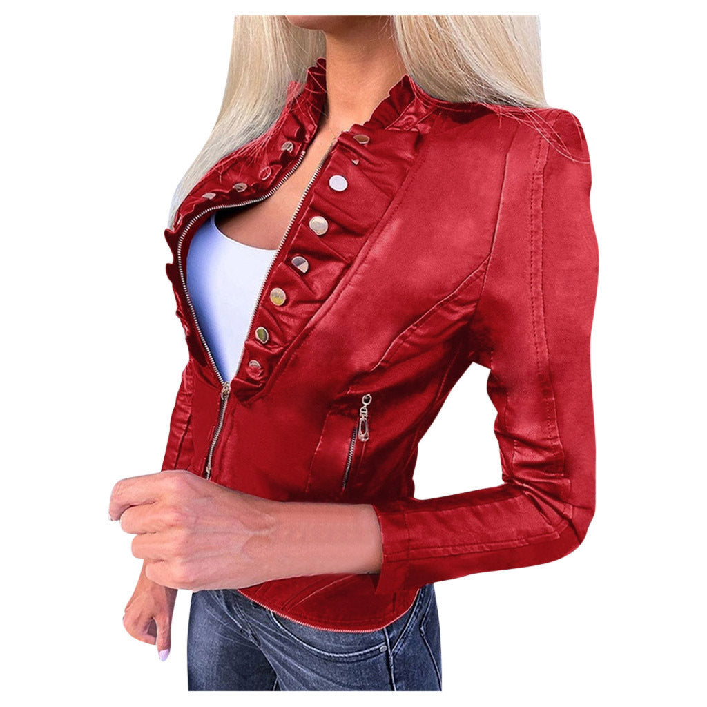 PU Leather Ruffled Gold Button Design Skinny Women's Zipper Biker Jacket to 5X Plus Size