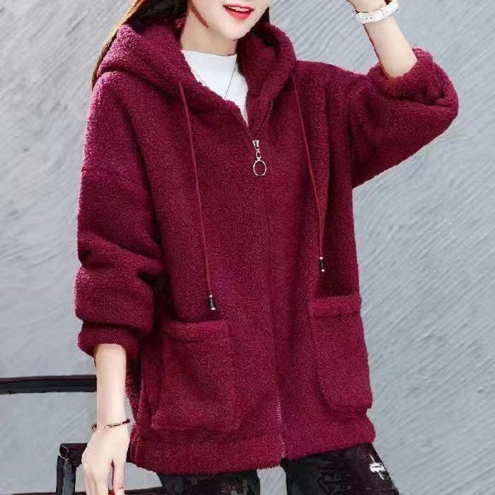 Fleece Solid Color Loose Women's Zipper Hoodie Jacket