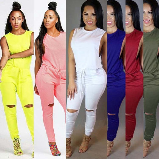 Ripped Knee O-Neck Sleeveless Women's Zipper Back Solid Color Drawstring Skinny Jumpsuit