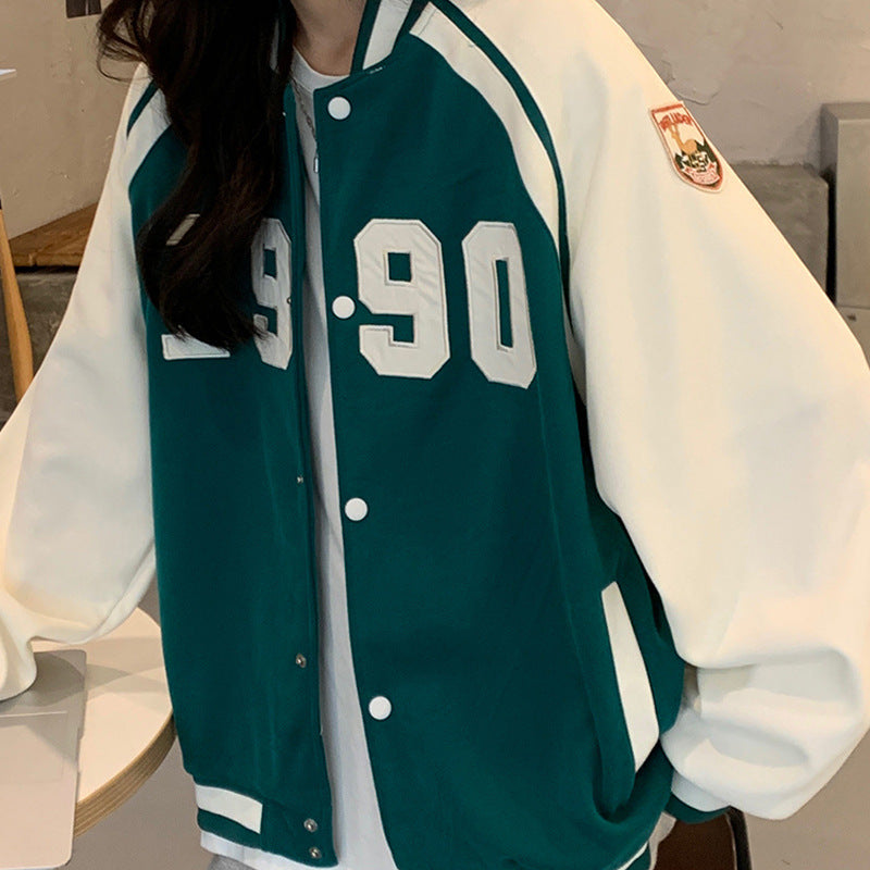 "1990" Printed Hip-Hop Colorblock Button-Up Women's Varsity Bomber Jacket