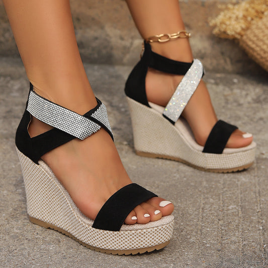 Rhinestone Glitter Women's Criss-Cross Strap Design Open Toe Platform Wedge Sandals