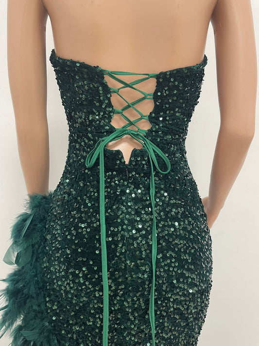 Sequin Glitter Faux Lace-Up Strapless Sleeveless Backless V-Neck High Slit Formal Dress to 3X Plus Size